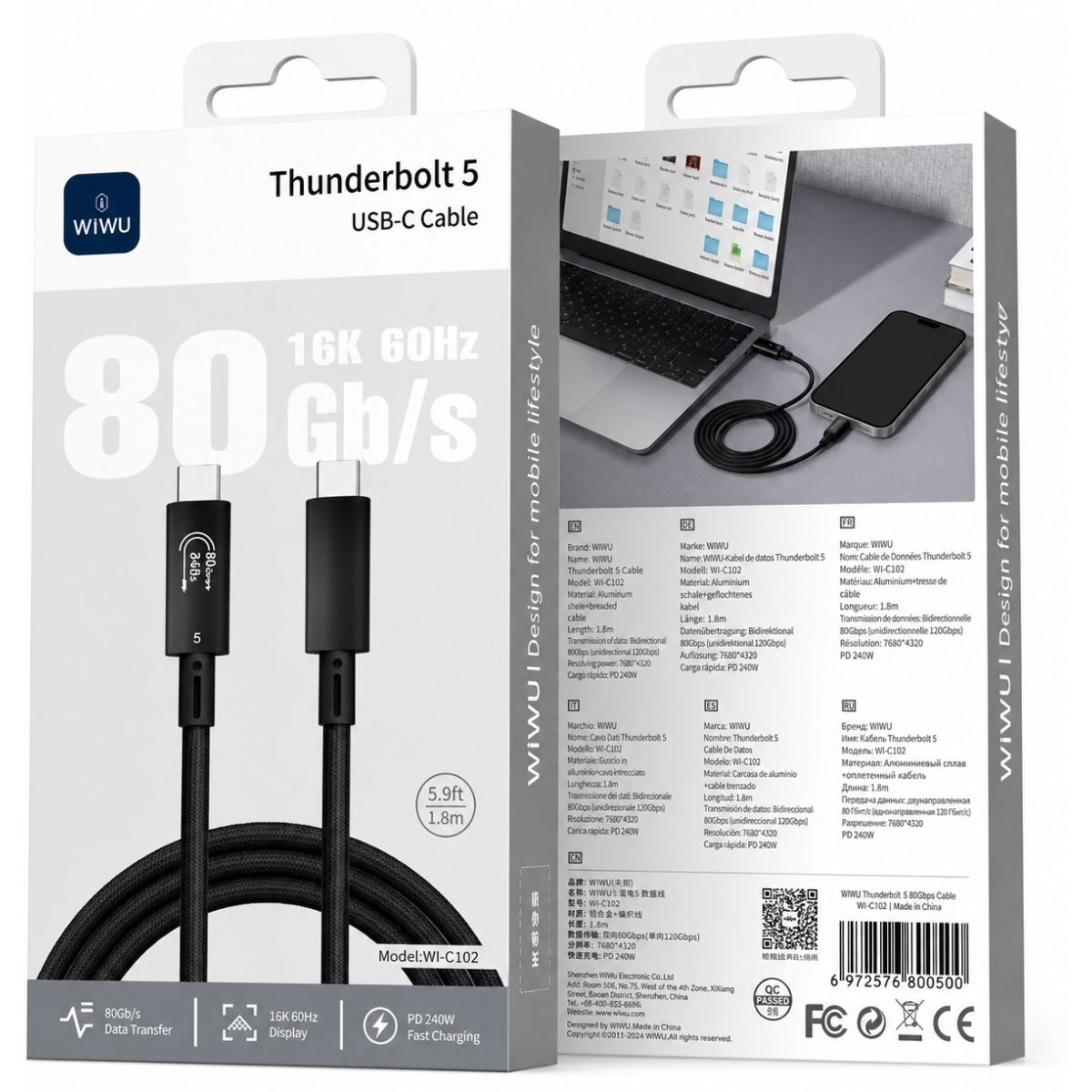 WiWU Wi-C102 Thunderbolt 5 Cable 120Gbps 240W 1.8m