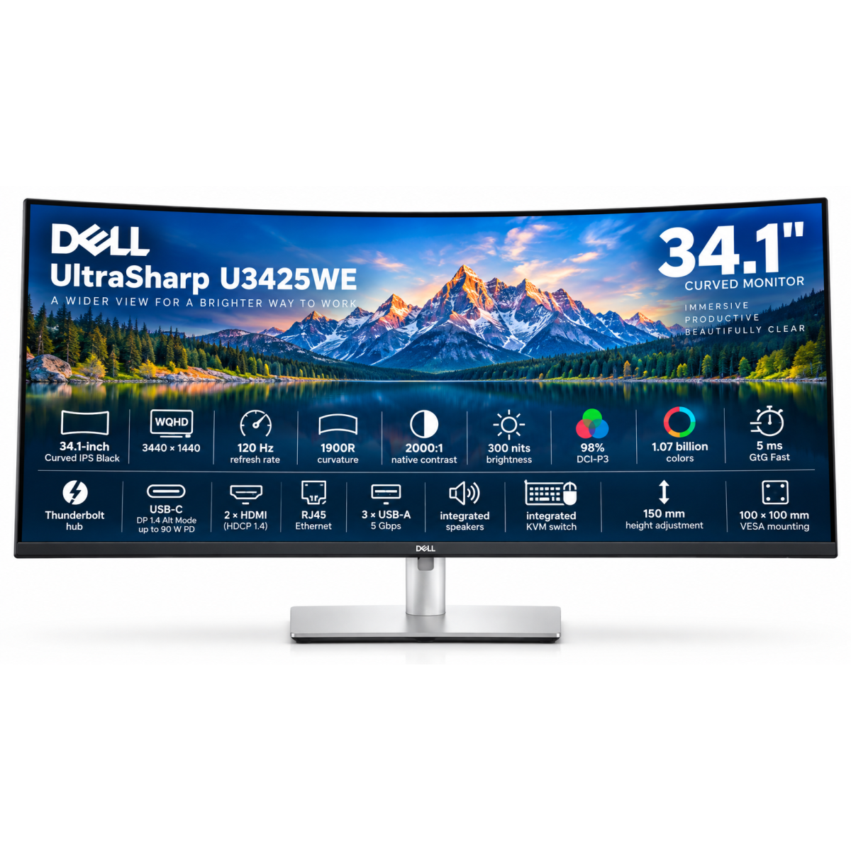 Dell UltraSharp 34 U3425WE Thunderbolt 4 Hub Monitor, 34" IPS Curved 1900R , 2K ,120Hz , Adjustable Stand, 100% Adobe RGB
