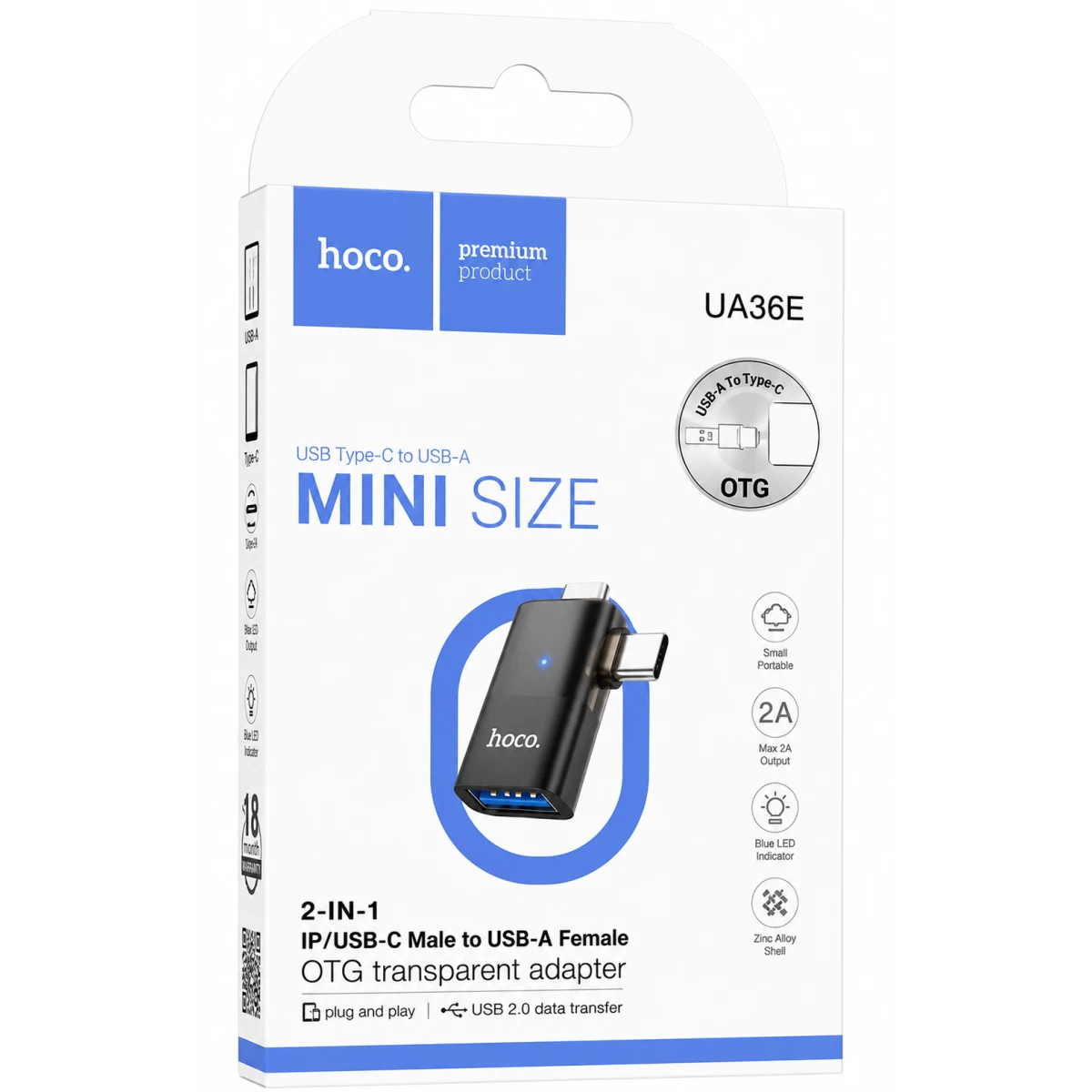 HOCO UA36E 2-in-1 Type-C/iP to USB-A OTG Adapter 480Mbps - Black