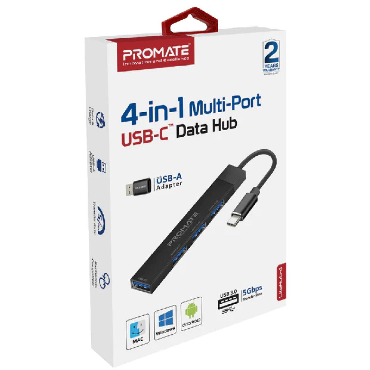 Promate Litehub 4 4 In 1 Multi Port Usb C Hub 4 Usb A Ports 480mbps / 5gbps Transfer Rate For Windows & Mac Black