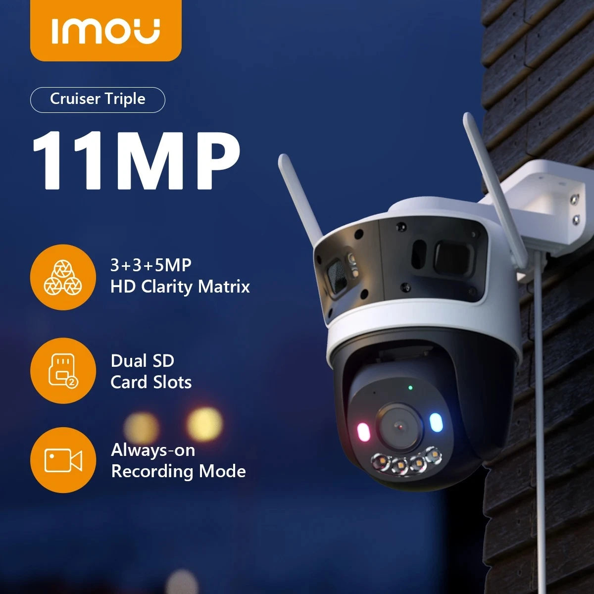 IMOU Cruiser Triple Lens Outdoor 11MP Camera 2 Red-Bule Warning Light PTZ WiFi Camera Vehicle & Human Detection Surveillance Monitor
