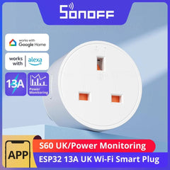 SONOFF S60 13A UK WiFi Smart Plug Socket Mini with Energy Monitoring, Remote Control, Smart Scheduling, Works with Alexa/Google Home/IFTTT, 2.4 GHz, No Hub Required