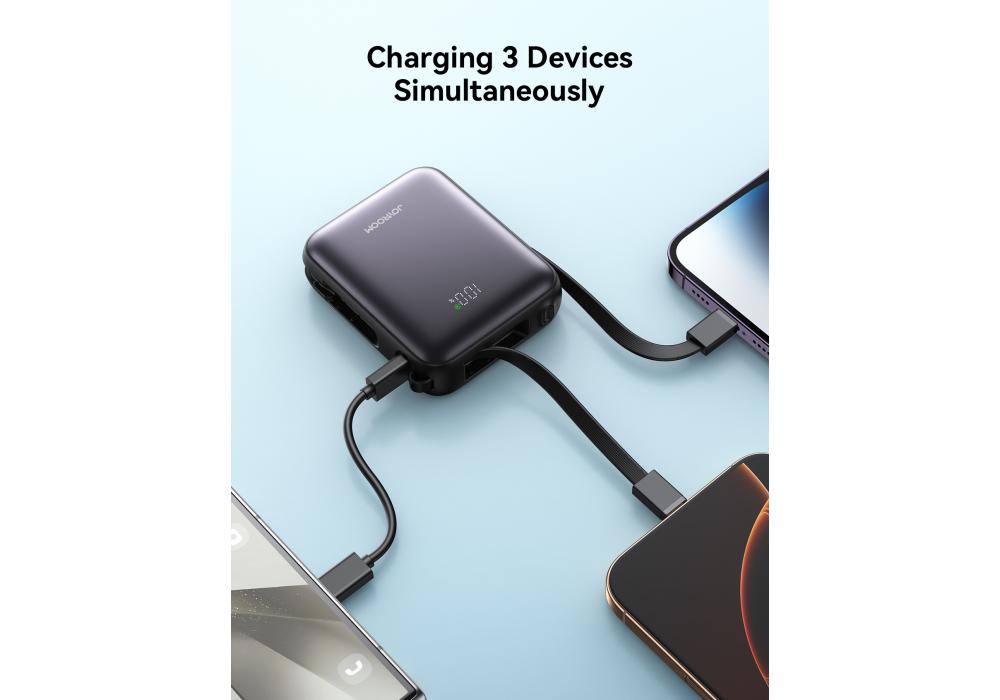 JOYROOM JR-PBF27 10000mAh Mini Power Bank 22.5W Fast Charging with Built-In Type-C & Lightning Dual Cables - Black - 18 Month Warranty