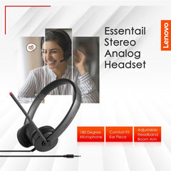 Lenovo Essential Stereo Analog Headset Wire Jake (3.5mm) Headphone Swivel Mic Boom Comfortable Ear Pieces - CompuMe