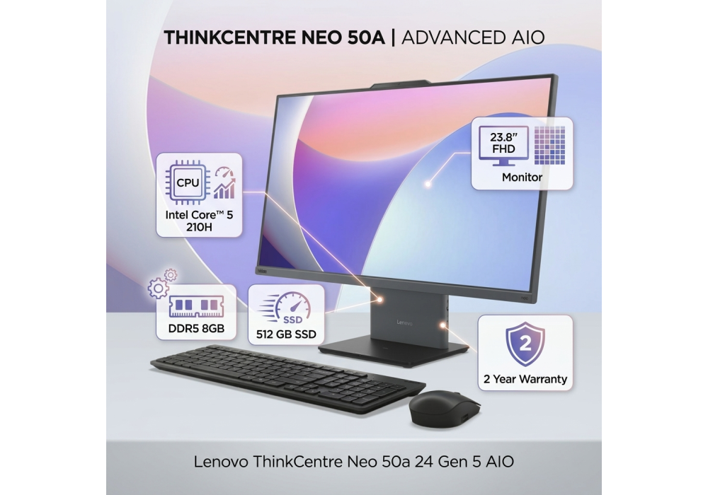 Lenovo ThinkCentre Neo 50a 24 Gen 5 AIO/All-in-One, Intel Core™ 5 210H, 8GB DDR5, 512 GB SSD, 23.8" FHD Monitor, Luna Grey - 2 Year Warranty