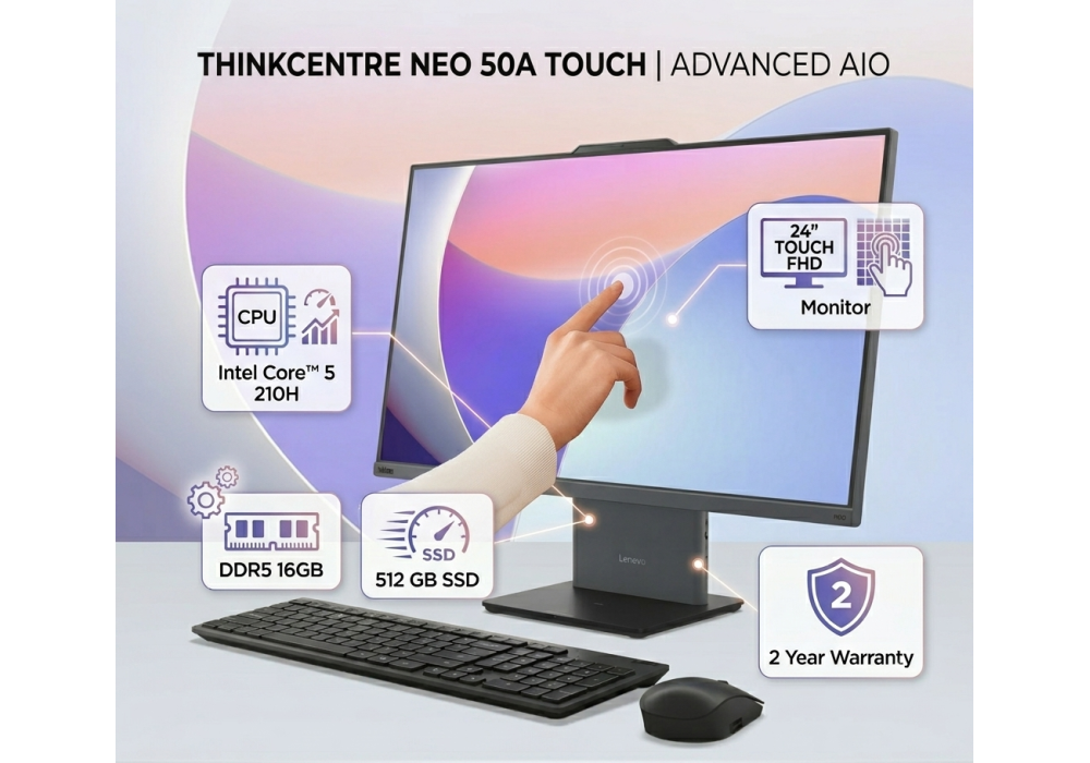 Lenovo ThinkCentre Neo 50a 24 Gen 5 AIO/All-in-One Touch, Intel Core™ 5 210H, 16 GB DDR5, 512 GB SSD, Touch 24" FHD Monitor, Luna Grey - 2 Year Warranty