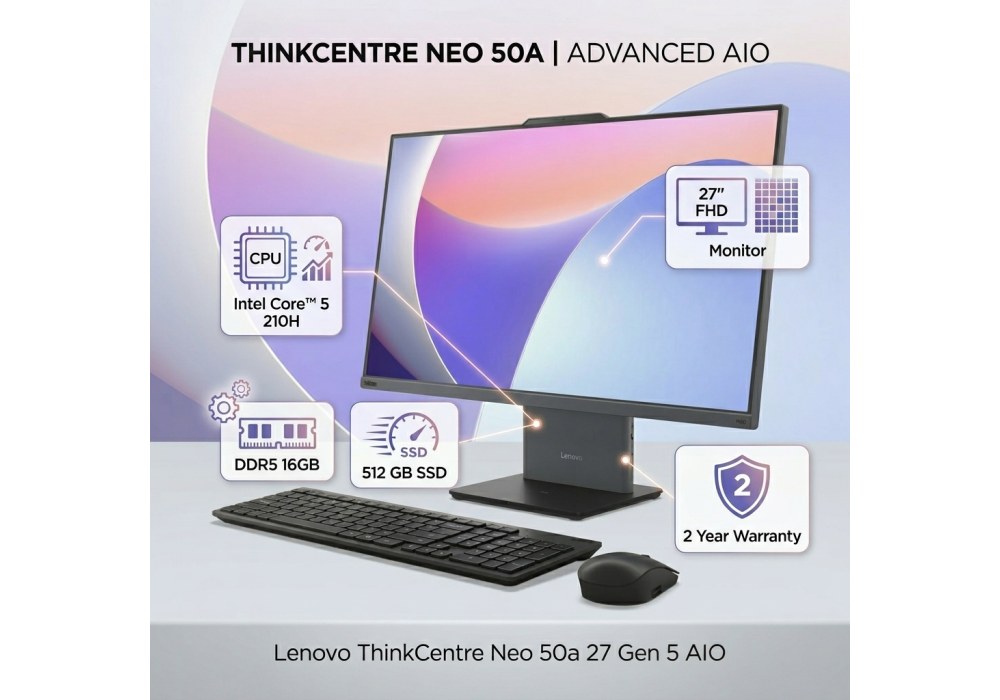 Lenovo ThinkCentre Neo 50a 27 Gen 5 AIO/All-in-One, Intel Core™ 5 210H, 16 GB DDR5, 512 GB SSD, 27" FHD Monitor, Luna Grey - 2 Year Warranty