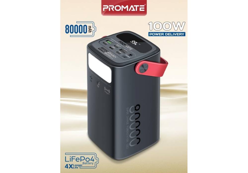 Promate 80000mAh Power Bank, 100W USB-C PD Fast Charging, 4 Outputs, 3 Inputs, Solar DC, Lightning, Digital Display, LED Light Portable Charger Power Station PowerMine-80Pro