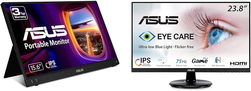ZenScreen 15.6” 1080P Portable Monitor (MB16ACV) - Full HD, IPS, Eye Care, Flicker Free & VA24DQ 23.8” Monitor, 1080P Full HD, 75Hz, IPS, Adaptive-Sync/FreeSync, Eye Care