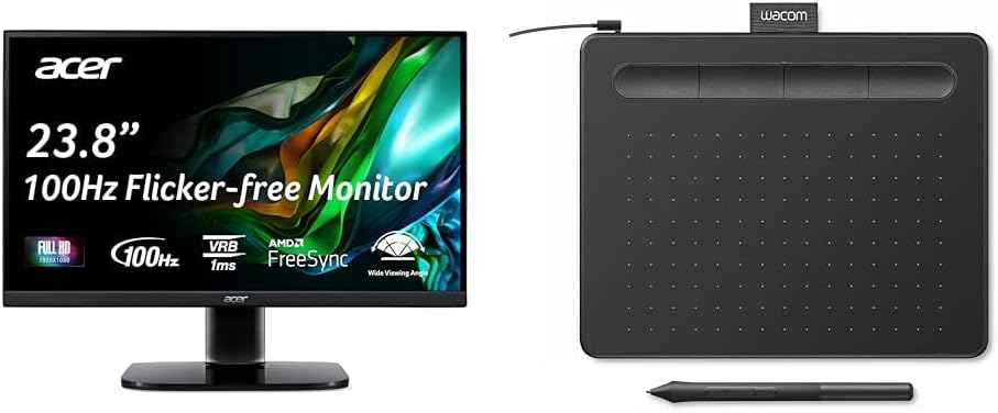 KC242Y Hbi 23.8" Full HD Zero-Frame Gaming Office Monitor | AMD FreeSync Technology | 100Hz | 1ms | Low Blue Light | Tilt | HDMI & VGA Ports & Wacom Intuos Small Graphics Drawing Tablet