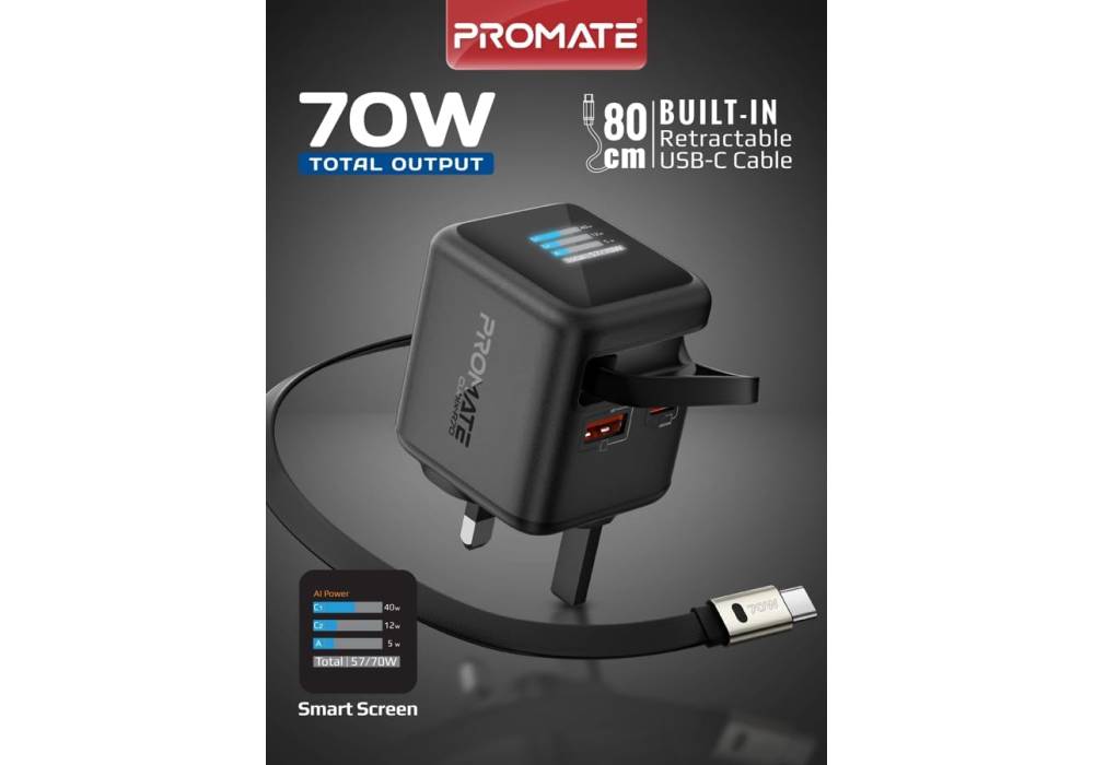 Promate Cubix-R70 70W GaNFast Charger with Retractable 80cm USB-C Cable, Dual USB-C PD 70W, USB-A 60W Port, 1.14” TFT Smart Display, UK Plug, Compact Wall Adapter for MacBook, iPhone 17, Galaxy Black