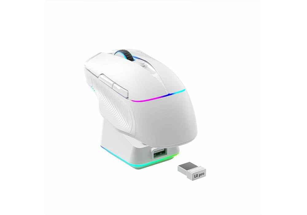 Machenike 8KHz Wireless Gaming Mouse with RGB Charging Dock, 26,000 DPI, PAW3395 Sensor, RGB Backlit, 6 Programmable Buttons, Long Battery Life, Gaming Mouse Compatible with PC & Mac, Wired / 2.4G / Bluetooth - White