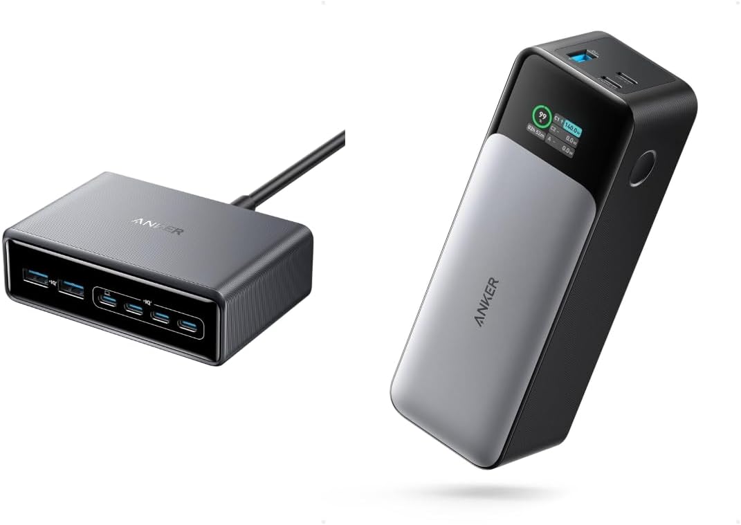 Prime Charger 200W with 6 Ports GaN US Silver with Anker 737 Power Bank Gen 2 UN Black