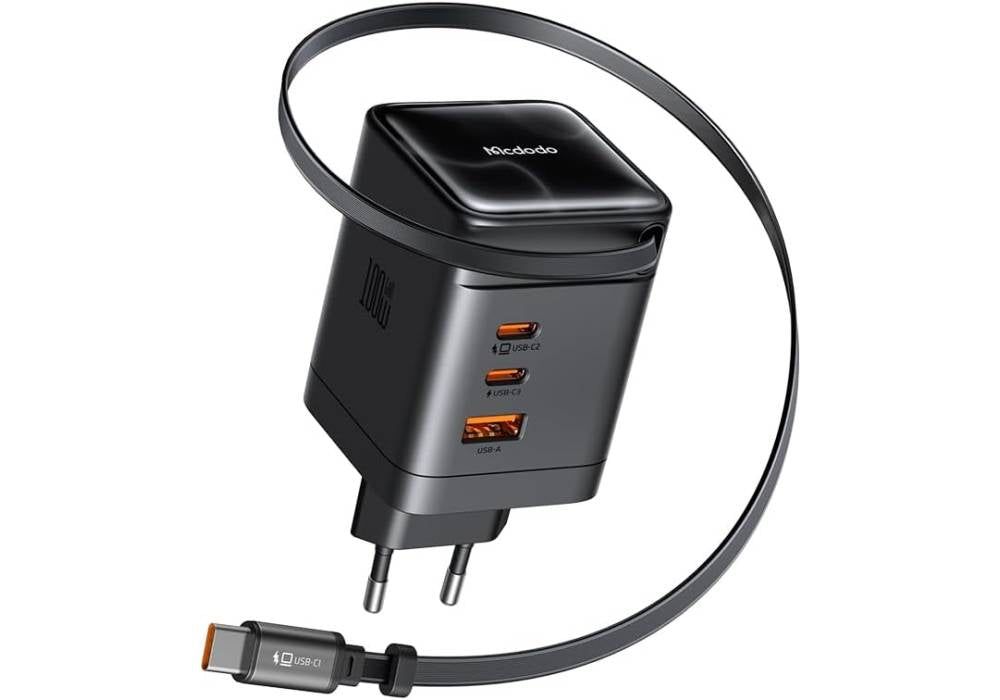 Mcdodo CH-847 100W GaN Charger Retractable Cable, 3 USB Type C + 1 USB A Ports, Built-in 65cm Cable, Smart Power Distribution for Travel/Office - 18 Months Warranty