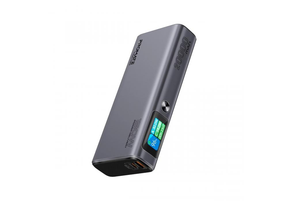 Promate 130W Laptop & Mobile Power Bank 20000mAh Smart TFT LCD Screen, USB-A QC 3.0, Dual Type-C Input/Output Ports Total Output 130W, Over-Heating Protection, Titan-130