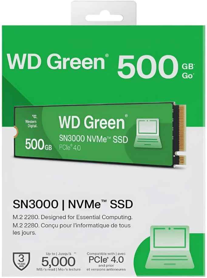 500GB WD Green SN3000 NVMe Internal SSD - Solid State Drive - Gen4 PCIe, M.2 2280, Up to 5,000 MB/s - WDS500G4G0E