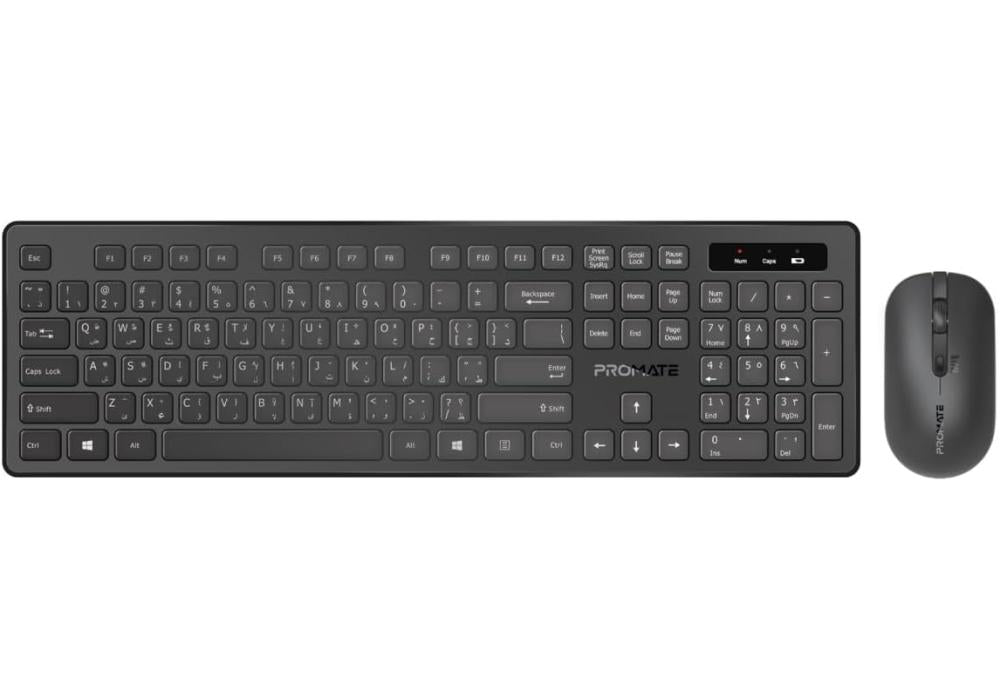 Promate Wireless Keyboard and Mouse Combo Kit, Slim Full-Size2.4Ghz Wireless Keyboard, 1600 DPI Ambidextrous Mouse, Nano USB Receiver, Quiet Keys, Angled Kickstand
