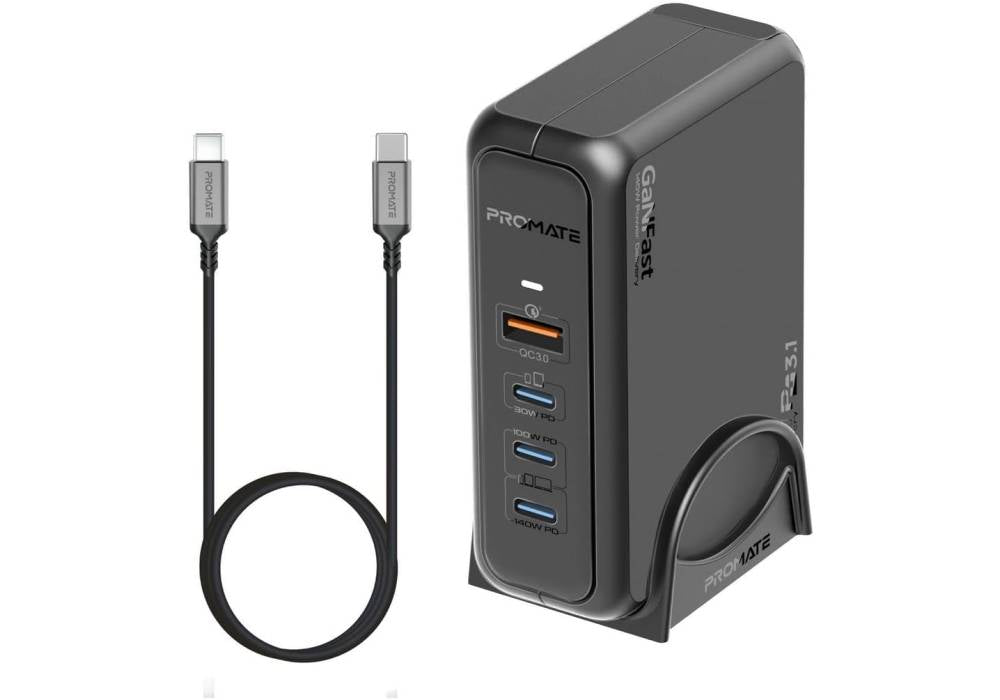 Promate Laptop Charger with QC 3.0 USB Port, 140W, 100W and 30W USB-C 3.1 PD Ports, GaNPort-140W