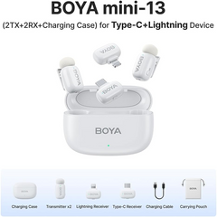 BOYA Mini Wireless Microphone for iPhone/Android/PC/Tablets with USB C/Lightning Plug - White