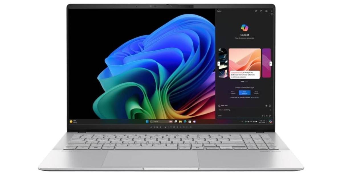 ASUS Vivobook S 15 15.6"3K (2880 x 1620) OLED, Snapdragon® X Elite X1E 78 100 Processor, Qualcomm Adreno Graphics, 16GB LPDDR5x Ram, 1TB M.2 NVMEe SSD Gen4 - Cool Silver Laptop, Windows 11 Home.