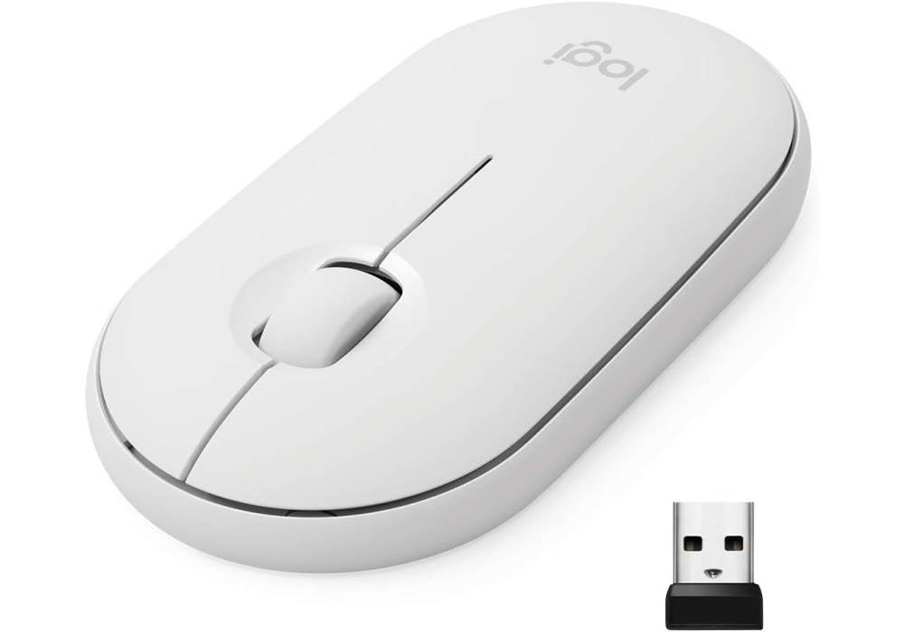 Logitech Pebble Mouse Slim Bluetooth or 2.4 GHz Receiver Wireless Mouse, Portable, Lightweight, Customizable Button, Quiet Clicks, Easy-Switch for Windows, macOS, iPadOS, Android, Chrome OS - Off White