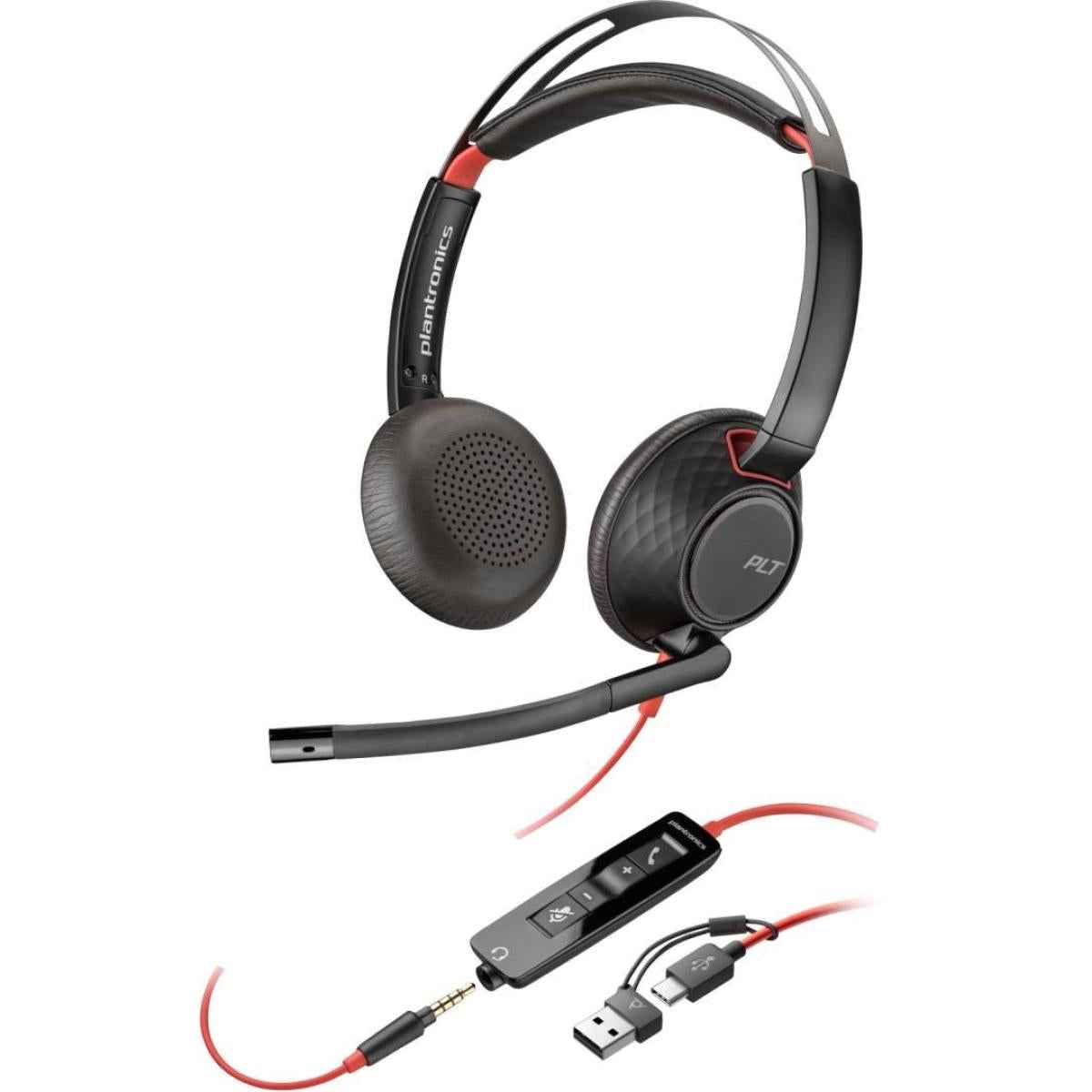 Poly Blackwire 5220 Stereo Headset 32mm Driver Size Omnidireional Microphone Style, 3.5mm Plug + Usb C & Usb A Adapter Conneivity, Black