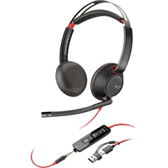 Poly Blackwire 5220 Stereo Headset 32mm Driver Size Omnidirectional Microphone Style, 3.5mm Plug + USB-C & USB-A Adapter Connectivity, Black