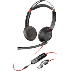 Poly Blackwire 5220 Stereo Headset 32mm Driver Size Omnidireional Microphone Style, 3.5mm Plug + Usb C & Usb A Adapter Conneivity, Black