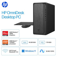 HP OmniDesk Desktop PC (M02-0234) AMD Ryzen 7 8700G, AMD Radeon 780M iGPU, 16GB DDR5 Memory, 1TB M.2 PCIe NVME SSD GEN 4, Windows 11 Home w/ 280W 80 Plus Platinum Power Supply
