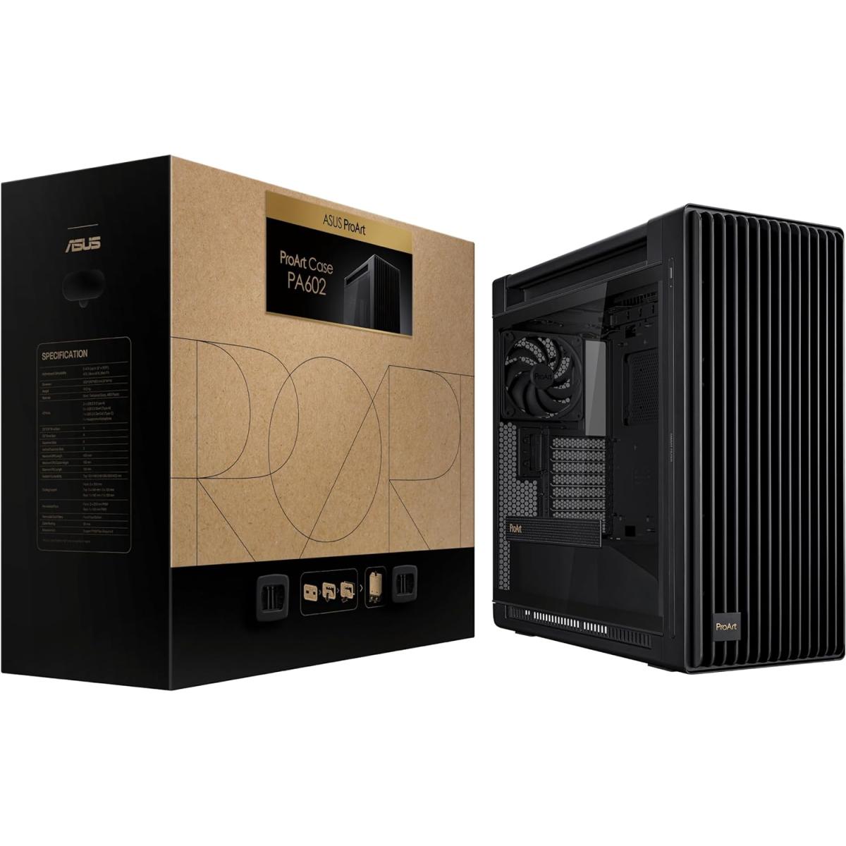 ASUS ProArt PA602 E-ATX Case 420mm Radiator Support Dual 200mm Built-in Fans Front Panel IR dust Indicator Power Lock Latch Tool-Less PCIe mounting & GPU Holder