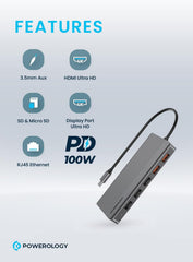 Powerology 12in1 USB-C Hub HDMI Type-C 100W PD