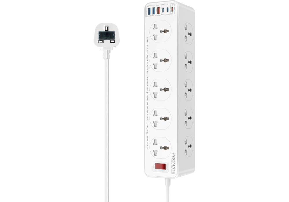 Promate PowerMatrix2-5M 16-in-1 Power Strip with 10 Child-Safe AC Sockets, 3 USB-C, 3 USB-A, 33W PD Output, 5M Cable, 2500W Max Load, Quick Charge, Short Circuit & Overheat Protection
