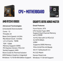 AMD Ryzen 9 9900X CPU Processor with GIGABYTE X870E AORUS Master Motherboard (ATX, DDR5, 4X M.2, PCIe 5.0, USB4, WIFI7)