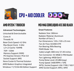 CPU AIO Combo - AMD Ryzen 7 7800X3D Desktop Processor with MSI MPG CORELIQUID P13 360 AIO ARGB LCD CPU Liquid Cooler 360mm Radiator LGA 1851/1700/ AM5/ AM4 Ready
