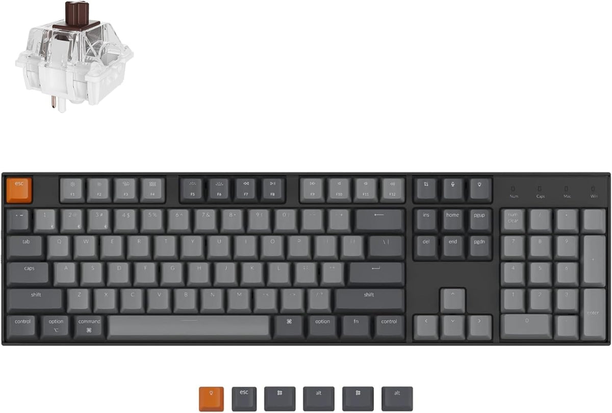 K10 Full Size 104 Keys Bluetooth Wireless Mechanical Gaming Keyboard for Mac Windows with Keychron Super Brown Switch, Multitasking/White LED Backlight/USB C Wired Computer Keyboard