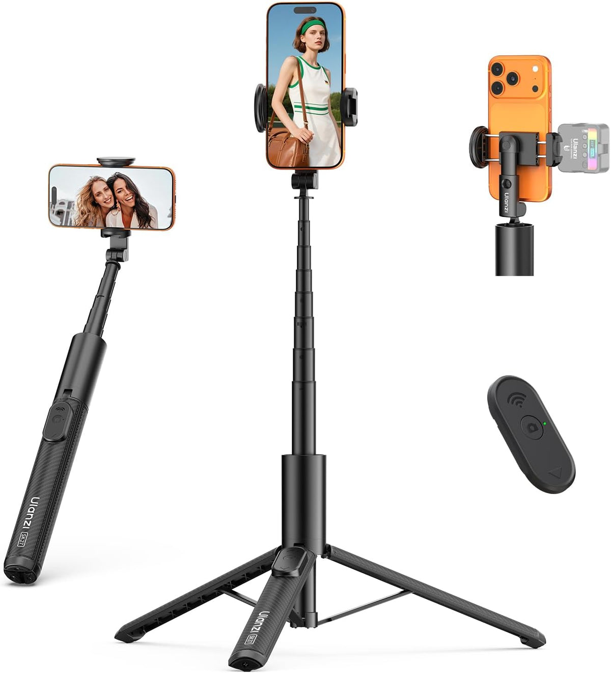Phone Tripod Selfie Stick, ULANZI SK27 61" Extendable Selfie Stick for iPhone/Android with Wireless Remote Cold Shoe Mount, Portable Phone Tripod Stand for Video Recording, Stream, Travel, Vlogging