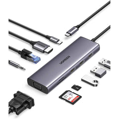 UGREEN USB-C Hub, 10-in-1, Input (1*USB-C),Output(1*HDMI,1*VGA,3*USB-A,1*RJ45.1*SD Card Slot ,1*TF Card Slot,1* 3.5mm Audio),Video(HDMI,VGA),USB(USB-A),PS(USB-B),Ethernet (RJ45),Card Reader (SD/TF Card Slot),100W Power,CM498/15601 | CM498/15601 | OS | Jor