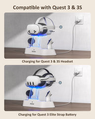 Enhanced Charging Dock for Meta Quest 3 and 3S, with LED Light [On/Off], [Support Elite Strap with Battery], Headset Display Holder and Controller Mount, Rechargeable Batteries, White