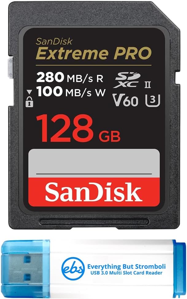 SanDisk 128GB SD Extreme Pro UHS-II Memory Card Works with Nikon Z8 Nikon Z6 II, Nikon Z9 Mirrorless Camera (SDSDXEP-128G-GN4IN) Bundle with 1 Everything But Stromboli 3.0 Micro & SDXC Card Reader