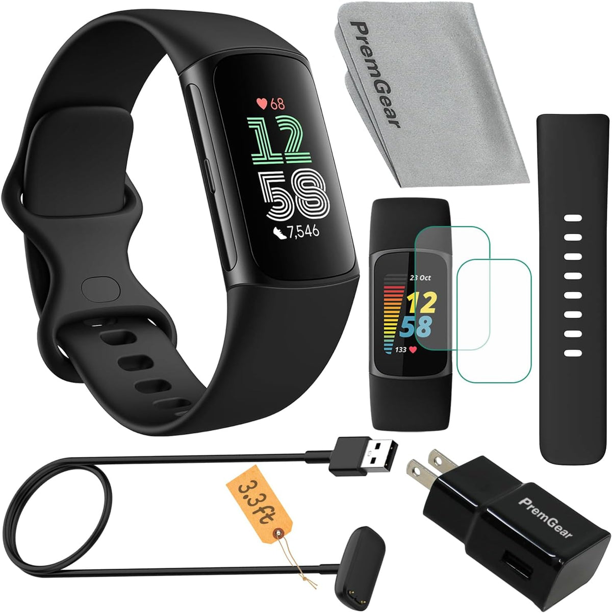Charge 6 Fitness Tracker Watch (Black) Bundle with 2 Watch Bands, 3.3foot Charge Cable, Wall Adapter, Screen Shields & Cloth Compatible with Fitbit