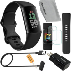 Charge 6 Fitness Tracker Watch (Black) Bundle with 2 Watch Bands, 3.3foot Charge Cable, Wall Adapter, Screen Shields & Cloth Compatible with Fitbit