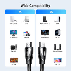 UGREEN 8K HDMI Cable 1.5 M, 48Gbps Ultra High Speed Braided HDMI Cord 10K 8K@60Hz 4K@240Hz, eARC HDR10 HDCP 2.2&2.3, Compatible with PS5/Xbox Series X/Roku TV/HDTV/Blu-ray