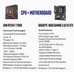 AMD Ryzen 7 7700X CPU Processor with GIGABYTE B650 Gaming X AX V2 Motherboard (AM5, ATX, DDR5, USB 3.2 Gen2x2 Type-C, Wi-Fi 6E), Soly by Micro Center