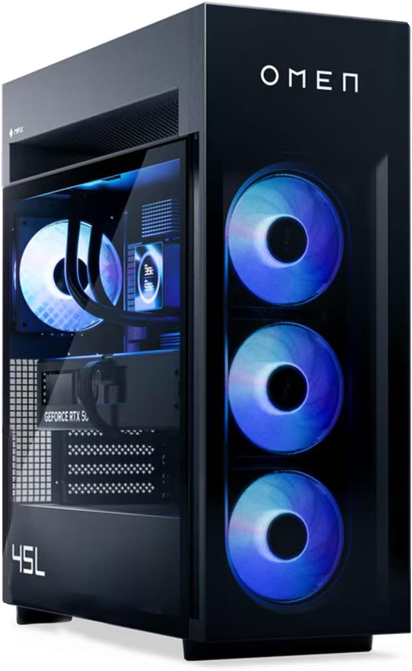 HP Omen MAX 45L 5090 Gaming Desktop, AMD Ryzen 9 9900X3D 5.5GHz, Geforce RTX 5090, 64GB DDR5 RAM, 1TB SSD, RGB Light Studio, LCD Liquid Cooler, DP, HDMI, Wi-Fi 7, Windows 11 Pro, Black