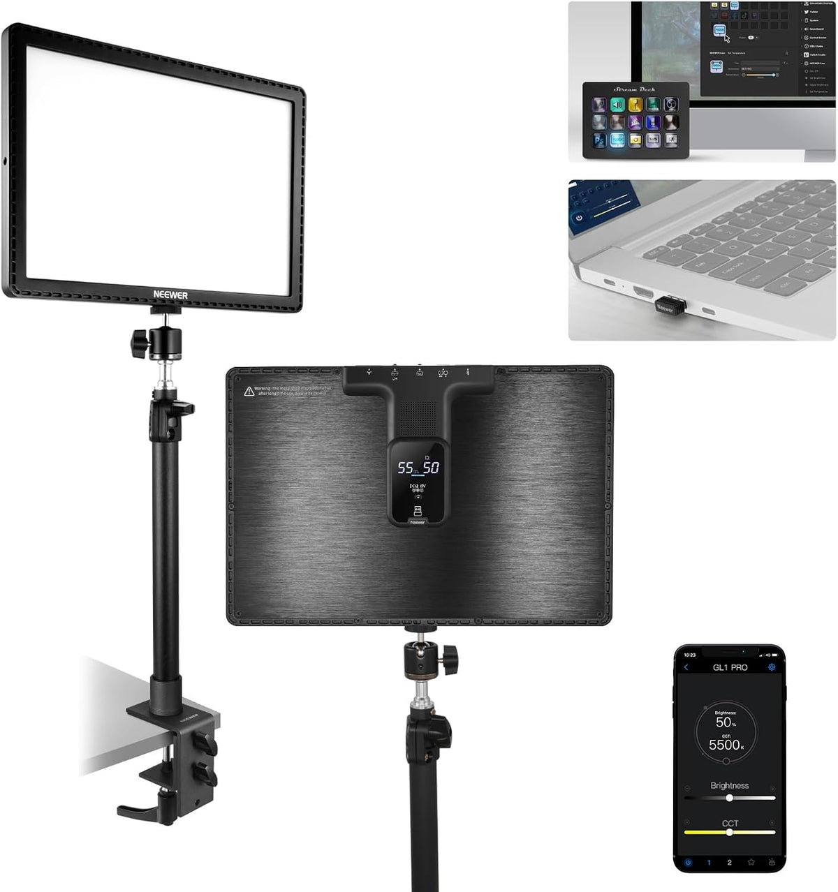 15.5" LED Streaming Key Light, Clamp on Desk Panel Video Lighting for Gaming Recording Zoom Call, CRI97+, 2.4G PC/Mac iOS/Android APP Control, Compatible with Elgato Stream Deck, GL1 PRO Black