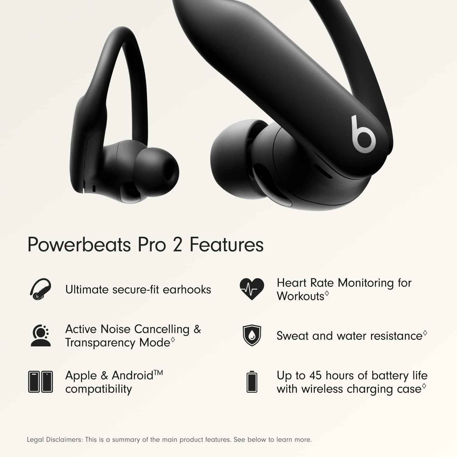 Powerbeats Pro 2 - Wireless Noise Cancelling Workout Earbuds with Secure- Fit Earhooks, Up to 45-Hour Battery with Charging Case, Sweat & Water Resistant, Heart Rate Monitoring - Jet Black