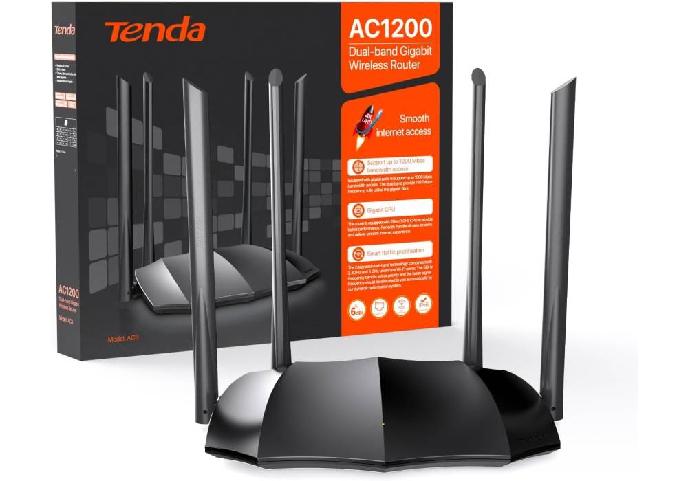 Tenda AC8 v6.0 – AC1200 Dual‑Band Gigabit Wireless Router, 1167Mbps, 1GHz CPU, MU‑MIMO, 4×6dBi Antennas, Beamforming, IPTV, IPv6, Parental Control