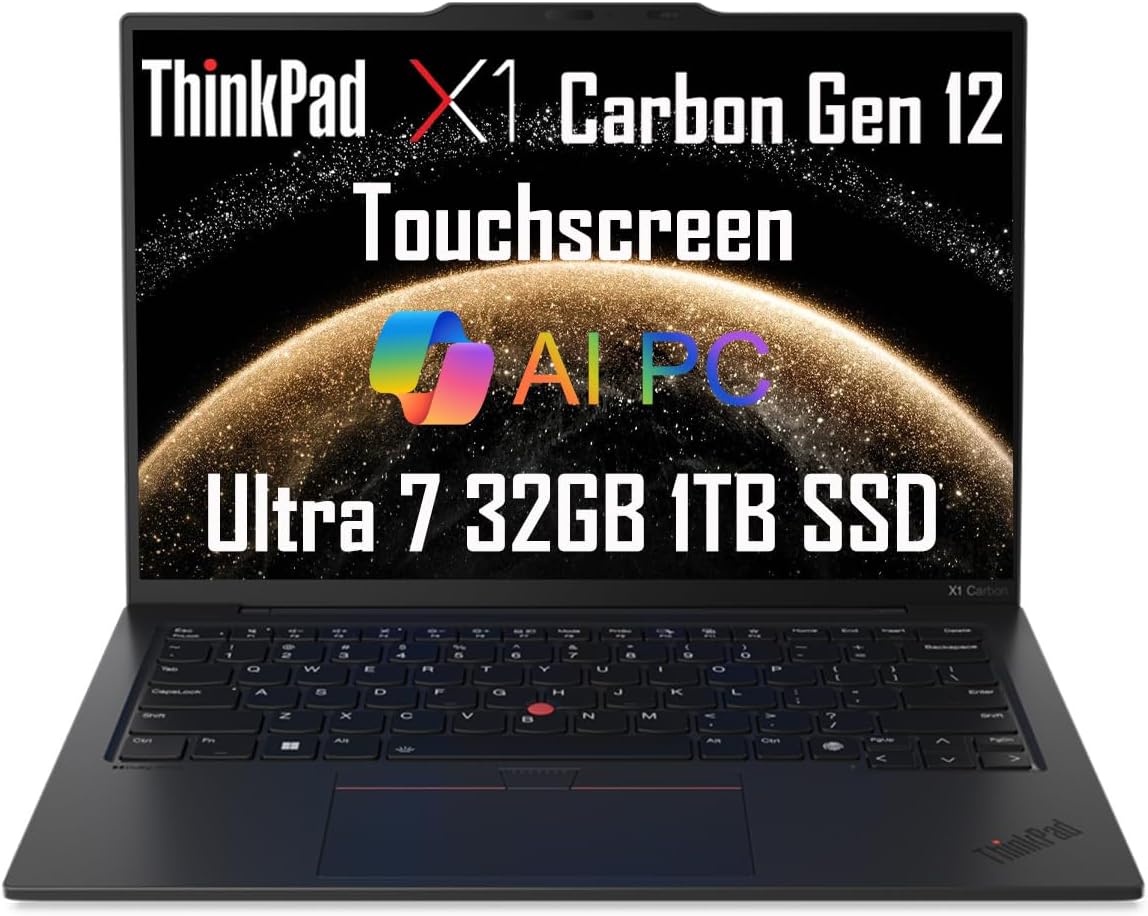 Lenovo ThinkPad X1 Carbon Gen 12 Laptop (14" FHD+ Touchscreen, Intel Core Ultra 7 165U vPro, 32GB 6400MHz DDR5, 1TB SSD), Backlit, Fingerprint Reader, IR Webcam, 2x Thunderbolt 4, Win 11 Pro, AI PC