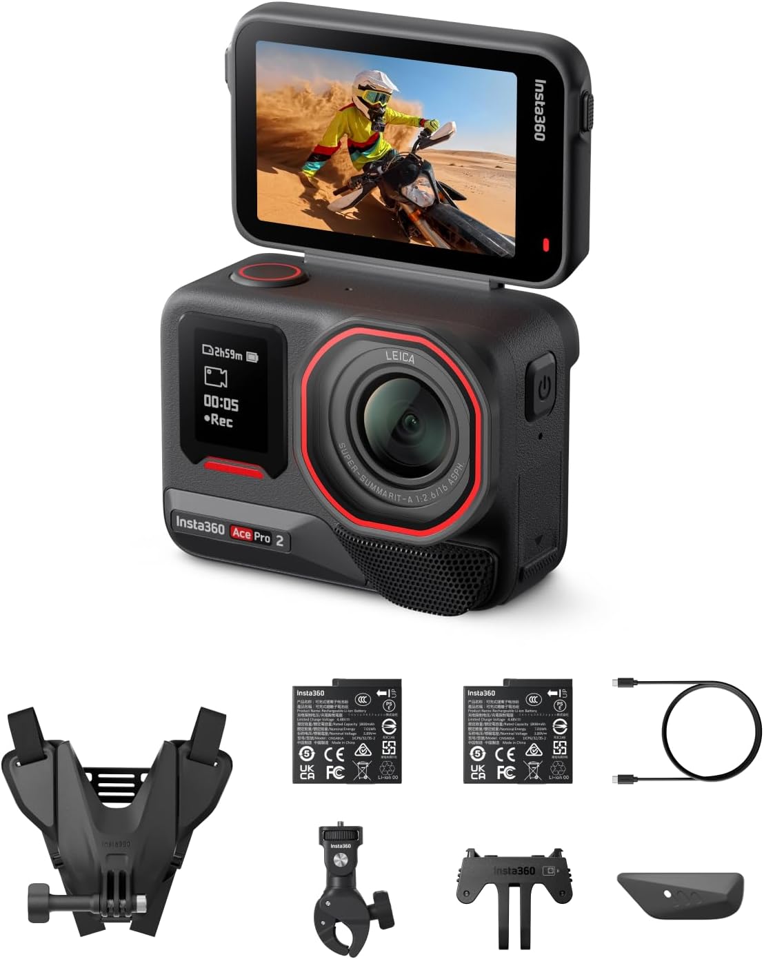 Ace Pro 2 Motorcycle Bundle Dual Battery - 8K Waterproof Action Camera Co-Engineered with Leica, 1/1.3" Sensor, Dual AI Chip, Leading Low Light, Superior Audio, Flip Screen & AI Editing