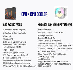 CPU Air Coolor Combo - AMD Ryzen 7 7700X Desktop Processor with KINGCOOL Iron Wind 120mm ARGB CPU Air Cooler White